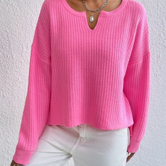 Pink Preppy Womens Notched Neck Drop Shoulder Split Hem Sweater - Picture 4 of 5